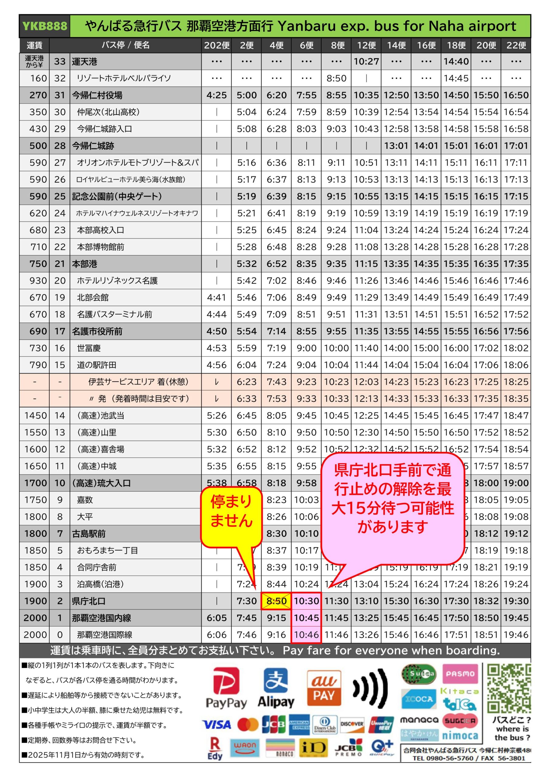 2025年12月7日 北部　→　那覇方面行 NAHAマラソンの運行の影響を受ける便の時刻表